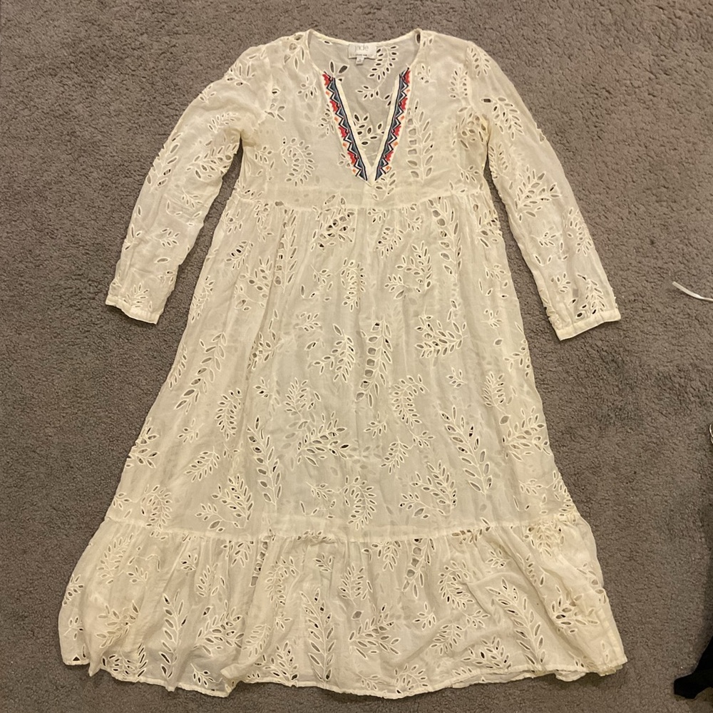 Jade Johnny Was White Eyelet Cotton Silk Embroidered Maxi Dress Hippie Boho, XS